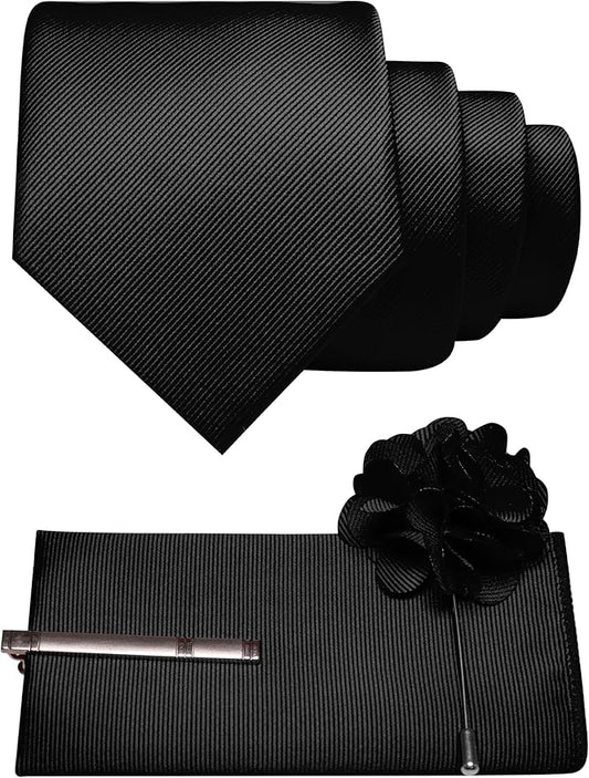 JEMYGINS Formal Necktie Solid Color Tie and Pocket Square with Tie Clip Lapel Pin Sets for Men 4PCS