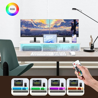 Dual Monitor Stand Riser with LED Lights and Phone Tablet Holder, 35.8in Large Monitor Stand for Desk, Computer Monitor Stand for 2 Monitors, Desktop Shelf Organizer for Laptop, Printer, TV