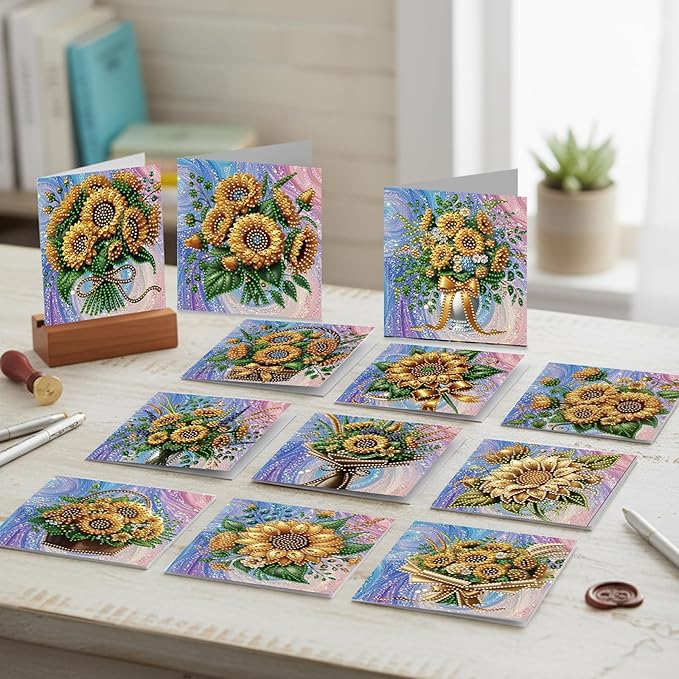 jinglinhh 12pcs Sunflower Basket Diamond Art Painting Greeting Cards with Envelopes, DIY Card Making Kits for Adults, Diamond Art Christmas Cards for Birthday Holiday Postcards Craft Gifts