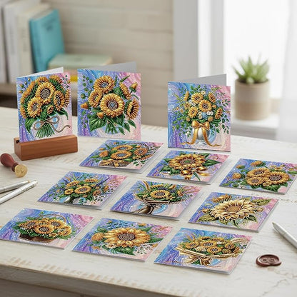 jinglinhh 12pcs Sunflower Basket Diamond Art Painting Greeting Cards with Envelopes, DIY Card Making Kits for Adults, Diamond Art Christmas Cards for Birthday Holiday Postcards Craft Gifts