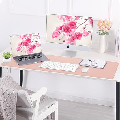 AFIING Leather Desk pad Protector, Large Non-Slip Office Desk Mat with Natural Cork & PU Leather, Waterproof Writing Mouse Pad for Office and Home (55in*17in,Pink)