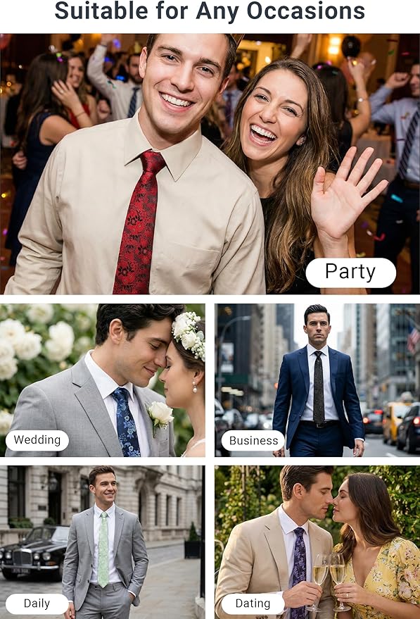 HISDERN Men Floral Ties Woven Classic 3.4" Necktie Set Formal Tie Pocket Square for Wedding with Handkerchief Gift Box