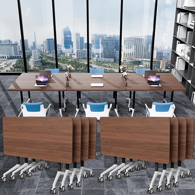 Conference Table Folding Conference Room Tables, Modern Mobile Meeting Training Table with Silent Wheels, Foldable Seminar Table for Offices, Classrooms, Libraries (8, walnut2, 70.8in)
