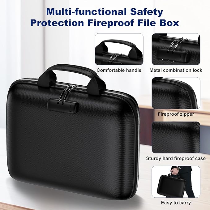 Fireproof Document Box, Hard Case Fireproof File Organizer with Lock and 13 Pocket Accordion File Folder, Portable Safe Box for Home Office Travel to Storage Important Documents Laptop Black