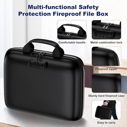Fireproof Document Box, Hard Case Fireproof File Organizer with Lock and 13 Pocket Accordion File Folder, Portable Safe Box for Home Office Travel to Storage Important Documents Laptop Black