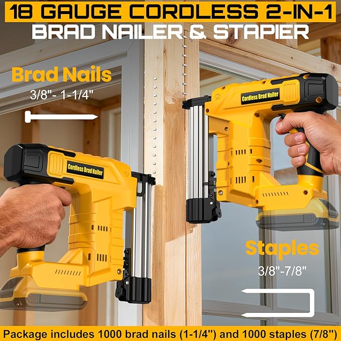 18 Gauge Cordless Brad Nailer & Staple Gun for Dewalt 20V MAX Battery(No Battery), 2 in 1 Electric Nail Gun with 1000 Brad Nails and 1000 Staples for Home Improvement, DIY and Woodworking