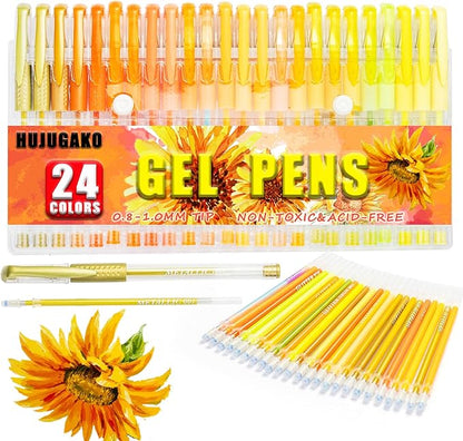 48 Pack Yellow Orange Gel Pens, 24 Colored Gel Pen with 24 Refills,40% More Ink Write Smooth for Adults Coloring Books Drawing Doodling Scrapbooks Bullet Journaling