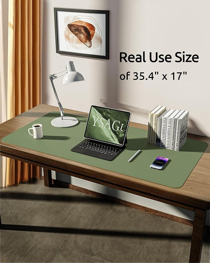 YSAGi Leather Desk Protector, Office Mat, Large Mouse Mat, Non-Slip PU Leather Blotter, Laptop Desk, Waterproof Writing Pad for Office and Home (Bamboo Green, 35.4" x 17")