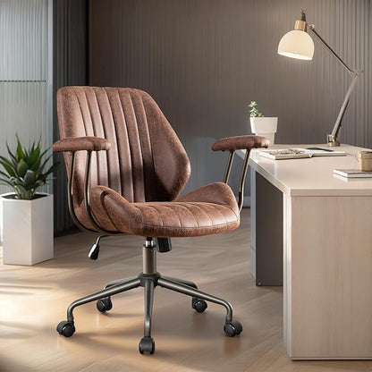 Home Office Desk Chair Adjustable Height, Ergonomic Executive Office Chair with Armrests, Rolling Comfy Desk Chair with Lumbar Support, Mid Century Modern, Dark Brown