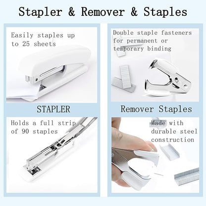 Office Desk Accessories, White Office Supplies 360°Pen Holder Desk Organizers And Accessories with Tape Dispenser, Stapler, Staple Remover, 1000 Staples, Tape, Clips Set, Ruler, Scissor, Pen