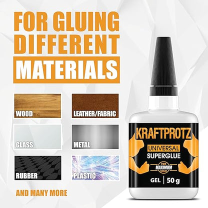 Super Glue Gel – 50 g / 1.75 oz – Extra Strong No-Drip Superglue for Plastic, Metal, Wood & Rubber – Waterproof & Heat Resistant Adhesive – Precision Tip – KRAFTPROTZ