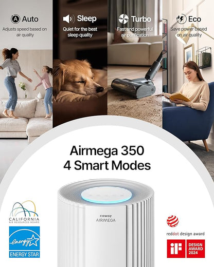 COWAY Air Purifiers for Large Room Whole Home Up to 2,640ft², True HEPA Filter for Smoke, Allergies, Pet Dander, Odor, PM 10 AQI, Turbo Eco Mode, Timer, Energy Star, 3yr Warranty, Airmega 350 Beige