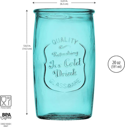Glaver's Highball Glasses Set of 4 – 20oz Artistic Ice-Cold Pretty Blue – Vintage Glassware with Embossed Logo – Beverage Drinking Glasses for Water, Juice, Cocktails. Hand Wash.