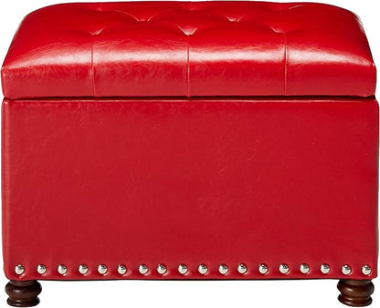 Adeco High End Red Classy Bonded PU-Leather Tufted Accents Rectangular Storage Bench Ottoman Footstool,