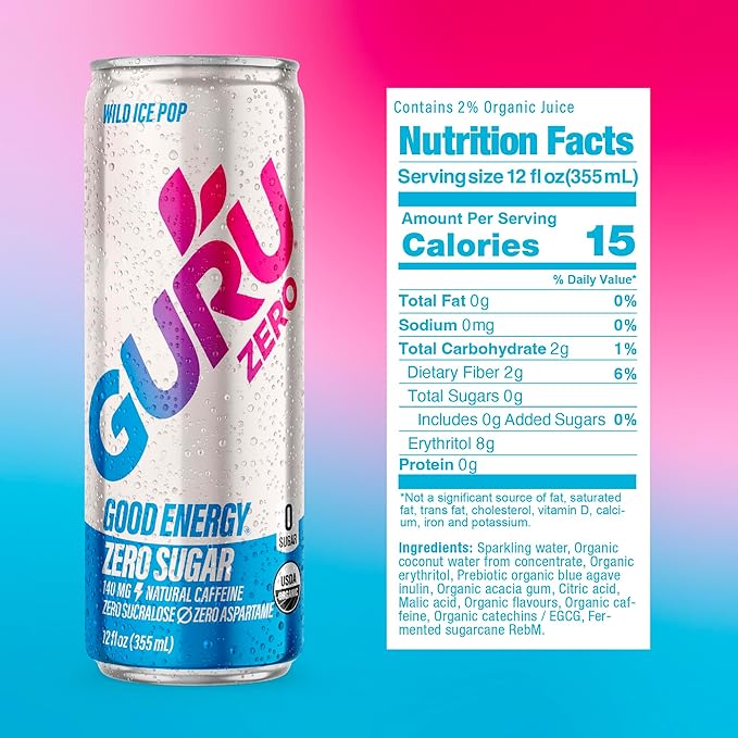 GURU ZERO SUGAR Wild Ice Pop Organic Energy Drinks, Clean Energy Drink with Plant Based Natural Caffeine from Green Tea, Coconut Water, Prebiotic, Zero Added sugars, Gluten Free and Vegan, Pre Workout, Healthy Drinks, 12oz (Pack of 24)