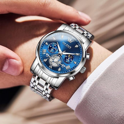 OLEVS Men Watches Stainless Steel Chronograph Watch, Large Wrist Analog Quartz Watch, Fashion Waterproof Diamond Roman Numerals Dress Watches for Men, Gold/Black/White/Blue/Grey Dial