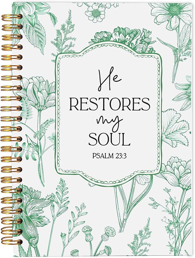 Christian Notebook for Women, Christian Art Gifts Journal, Prayer Journal for Women, Bible Journaling Notebook, PSALM 23:3 He Restores My Soul Floral Spiral Notebook 5.5x8.3