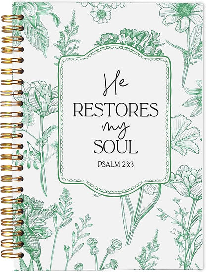 Christian Notebook for Women, Christian Art Gifts Journal, Prayer Journal for Women, Bible Journaling Notebook, PSALM 23:3 He Restores My Soul Floral Spiral Notebook 5.5x8.3