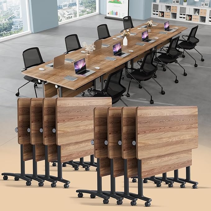 Folding Conference Room Table, Modern Conference Tables with Wheels, Large Rectangular Mobile Training Tables for Office Classroom, Foldable Modular Boardroom Seminar Table （8PCS 63in）