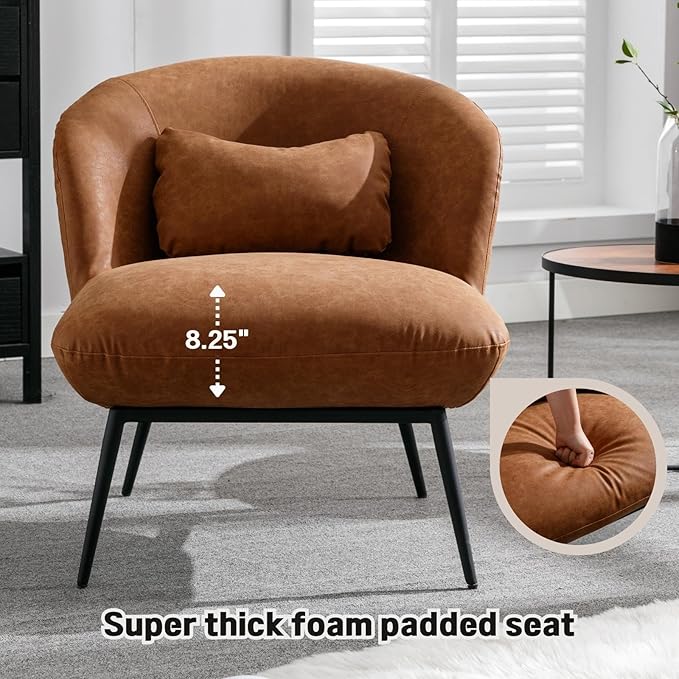 DUOMAY Modern Accent Chair, PU Upholstered Leisure Chair Single Sofa Chair Lounge Chair with Lumbar Pillow Metal Legs Slipper Chair for Living Room Bedroom Office, Brown