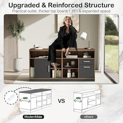 Home Office Furniture Set, 114" Standing Desk with 2 File Cabinets, AC/USB, Extra Long Double Desk for 2 Person, Electric Height Adjustable for Home and Office, Black Walnut