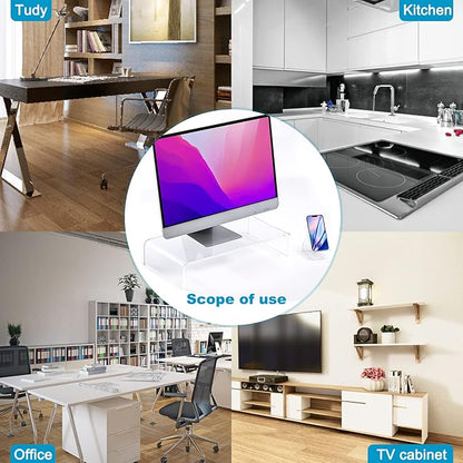 Premium Acrylic Monitor Stand, Extra-Wide Clear Computer Riser 20"x10"x4" – Laptop Stand, Desktop Organizer for Office & Home, TV, Printer, iMac, Laptop – Bonus Acrylic Phone Holder