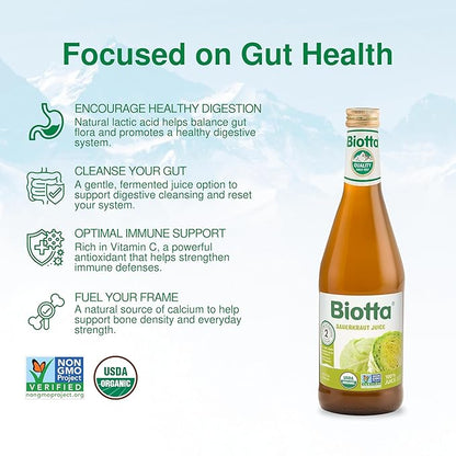 Biotta Organic Sauerkraut Juice - 100% Vegetable Juice for Energy, Immunity & Wellness - Excellent Source of Nutrients - All Natural, Non-GMO, Gluten-Free (16.9 Fl Oz, Pack of 6)