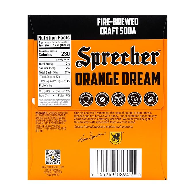 Sprecher Orange Dream Craft Soda, Fire-Brewed with Real Honey, Handcrafted Orange Soda, Caffeine-Free Gourmet Beverage – 16 fl oz Cans (12 Pack)