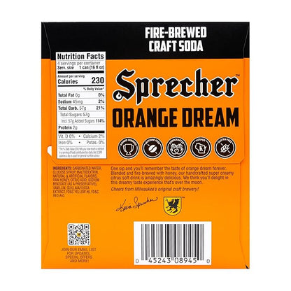 Sprecher Orange Dream Craft Soda, Fire-Brewed with Real Honey, Handcrafted Orange Soda, Caffeine-Free Gourmet Beverage – 16 fl oz Cans (12 Pack)