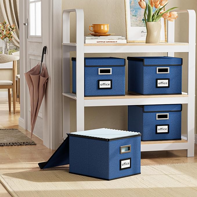 Huolewa Decorative File Organizer Box Office Document Storage with Lid, Portable Collapsible Linen Hanging Filing & Storage Boxes for Office/Decor/Home (Royal Blue) - 14.9 x 12.7 x 10.8 inch - 1Pack