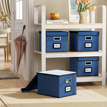 Huolewa Decorative File Organizer Box Office Document Storage with Lid, Portable Collapsible Linen Hanging Filing & Storage Boxes for Office/Decor/Home (Royal Blue) - 14.9 x 12.7 x 10.8 inch - 1Pack