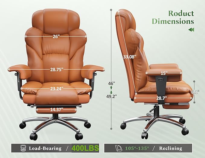 Ergonomic Office Chair with Foot Rest and Arms,Big and Tall Leather Executive Office Chair with Wide&Deep Seat Thickened,Reclining Comfy Desk Chair with High Back and Lumbar Support,Brown