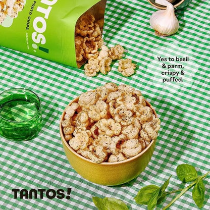 Tantos! Puffed Pasta Chips, Healthy Pasta Snack by Top Chef Joe Sasto, As Seen on Shark Tank, Plant Based, Low Calorie, Crunchy Chips, Variety Pack, Marinara, Pesto, Cacio e Pepe, Classico, Gourmet Bold Flavors, 4 oz 2 Pack of Pesto