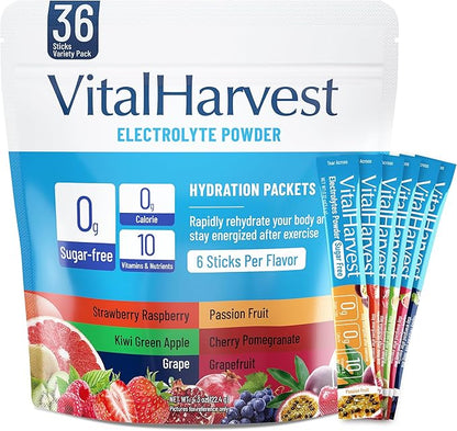 36 Sticks Electrolytes Powder Packets No Sugar Hydration Packets Electrolyte Liquid Daily IV Drink Mix with Strawberry Raspberry, Passion Fruit, Kiwi Green Apple, Cherry Pomegranate, Grape, Grapefruit