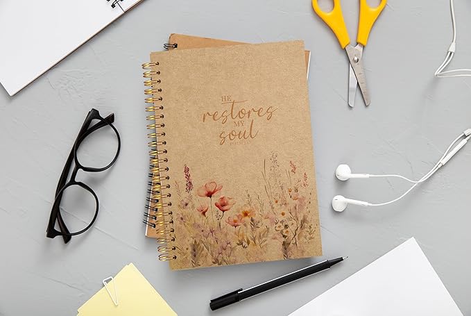 Christian Notebook for Women, Christian Art Gifts Journal, Prayer Journal for Women, Bible Journaling Notebook, PSALM 23:3 He Restores My Soul Floral Spiral Notebook 5.5x8.3 Kraft Paper