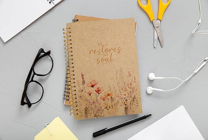 Christian Notebook for Women, Christian Art Gifts Journal, Prayer Journal for Women, Bible Journaling Notebook, PSALM 23:3 He Restores My Soul Floral Spiral Notebook 5.5x8.3 Kraft Paper