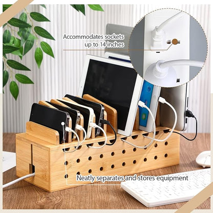 Bamboo Charging Station for Multiple Devices, Cell Phone Docking Charging Station Organizer and Cord Organizer for 10 Devices for Power Strip Storage, Phones and Tablets(Primary Color)