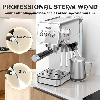 Espresso Machine with Steam Milk Frother, 20 Bar Professional Espresso Coffee Maker for Latte & Cappuccino, 1-Touch Control, Stainless Steel Housing, Removable Water Tank & Drip Tray