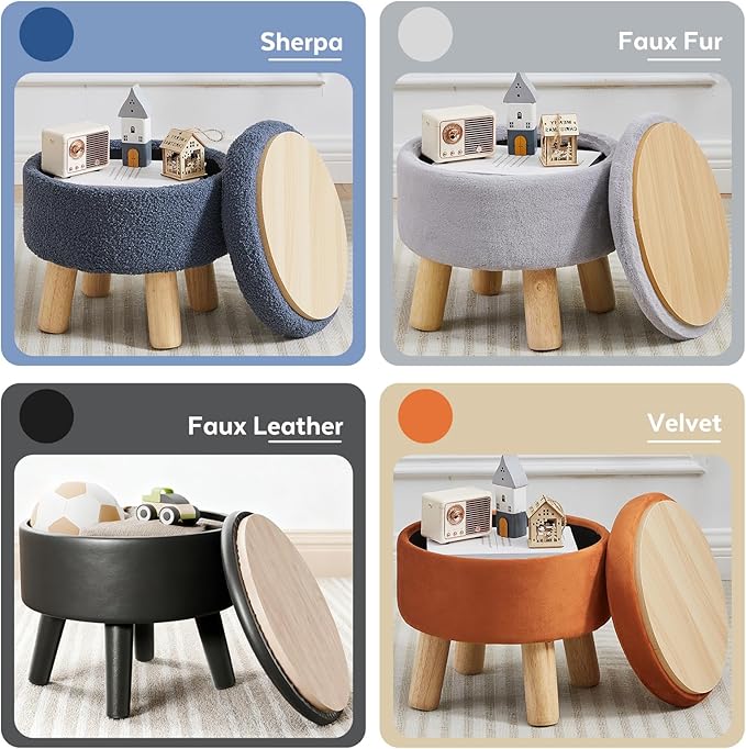 Small Foot Stool Ottoman with Storage, Sherpa Ottoman Foot Rest for Couch, Round Footstool with Storage, Small Ottomans and Footstools for Living Room and Entryway (White)