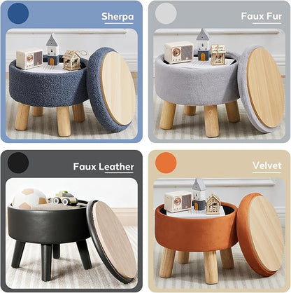 Small Foot Stool Ottoman with Storage, Sherpa Ottoman Foot Rest for Couch, Round Footstool with Storage, Small Ottomans and Footstools for Living Room and Entryway (White)