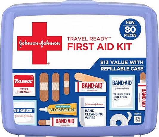 BAND-AID Brand Travel Ready Portable Emergency First Aid Kit for Minor Wound Care, Perfect for Home, Car, Travel, Camping Essentials & Outdoor Emergency Kit, 80 Pieces