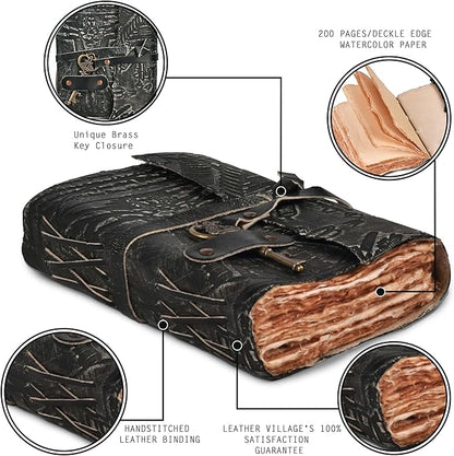 LEATHER VILLAGE Genuine Leather Handmade Journal for Men & Women – Vitruvian Man Embossed Cover – Key Closure – Book of Shadow – Vintage Deckle Edge Paper for Writing, Drawing – 7x5 Inches – Black