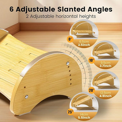 Bamboo Foot Rest for Under Desk at Work, Reversible Ergonomic Rocking Office Foot Rest, 6 Heights Adjustable & Non-Slip Mats with Foam Cushion, Under Desk Footrest for Home Office