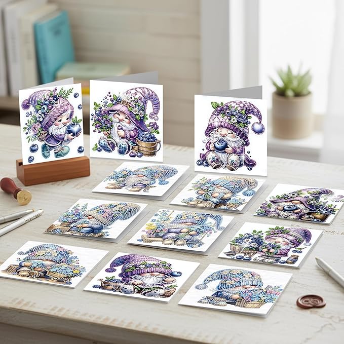 jinglinhh 12pcs Diamond Art Painting Lavender Blueberry Gnome Greeting Cards with Envelopes, DIY Card Making Kits for Adults, Diamond Art Postcards Christmas Cards Craft Gifts