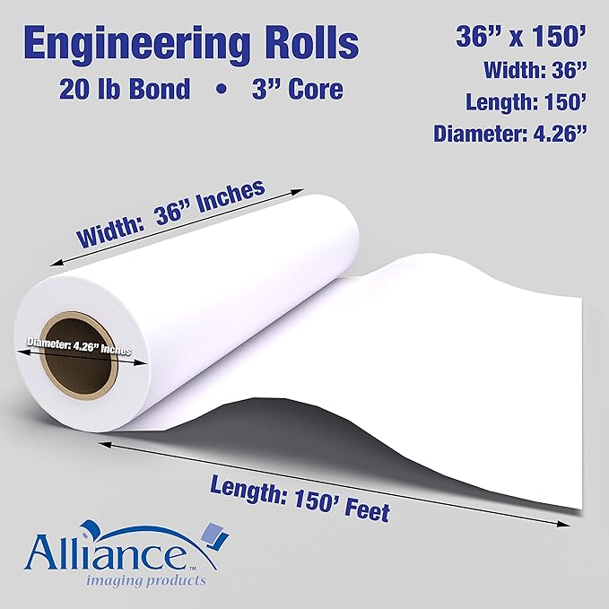 Alliance Wide Format Paper CAD Bond Rolls (20lb | 4 Rolls, 36 In x 150 Ft | 3" Core)