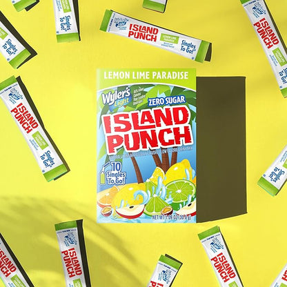 Wyler’s Light Island Punch Singles To Go, Lemon Lime Paradise, 10-Count per Box (12 Pack) – Low Calorie Powdered Drink Mixes, Caffeine Free, Gluten Free, and Zero Sugar, 120 Total Powder Packets