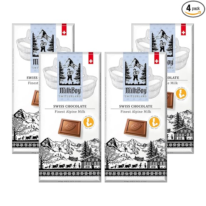 Milkboy Swiss Chocolates Chocolate Bars - Premium Swiss Alpine Milk Chocolate - Smooth European Milk Chocolates Gift - Sustainably Farmed Cocoa - Gluten Free - 3 oz, Pack 4