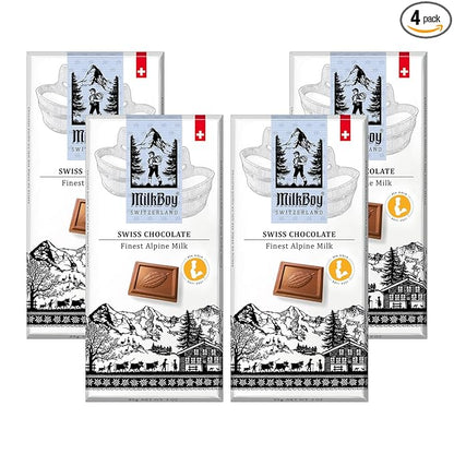 Milkboy Swiss Chocolates Chocolate Bars - Premium Swiss Alpine Milk Chocolate - Smooth European Milk Chocolates Gift - Sustainably Farmed Cocoa - Gluten Free - 3 oz, Pack 4