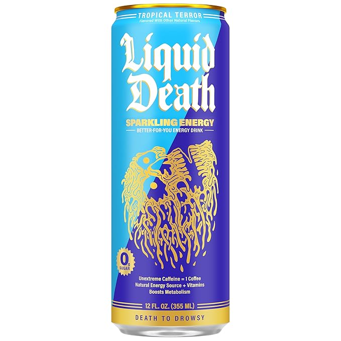 Liquid Death Tropical Terror, Piña Colada-Flavored Sparkling Energy, Sugar-Free Energy Drink, 100mg Caffeine, 12 Fl Oz (Pack of 12)