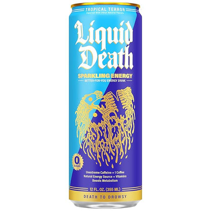 Liquid Death Tropical Terror, Piña Colada-Flavored Sparkling Energy, Sugar-Free Energy Drink, 100mg Caffeine, 12 Fl Oz (Pack of 12)